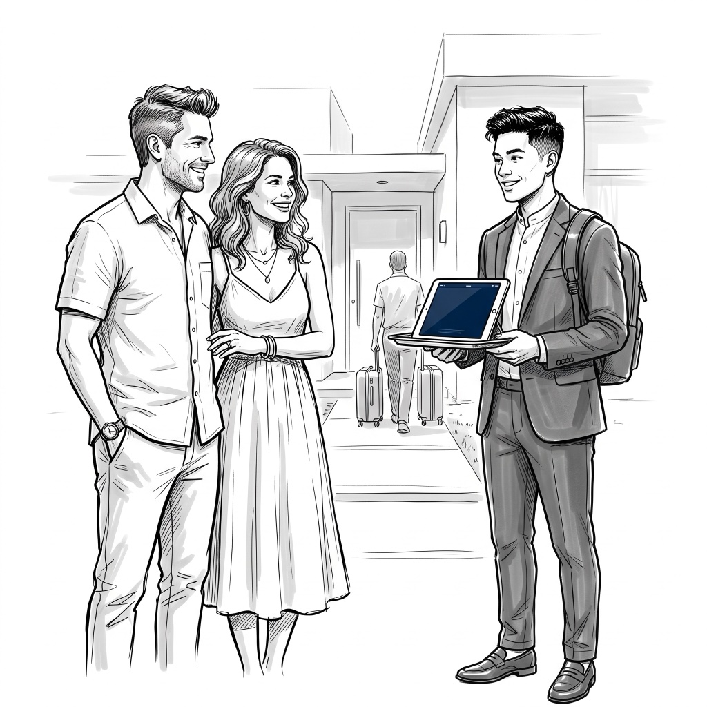 A couple being greeted by a concierge holding a tablet, luggage in the background