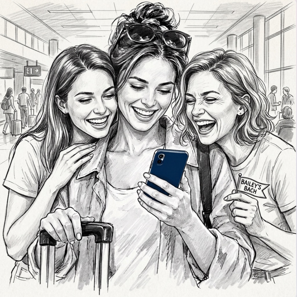 Bailey and two friends laughing at a phone in the airport, one holding a Bailey's Bach flag