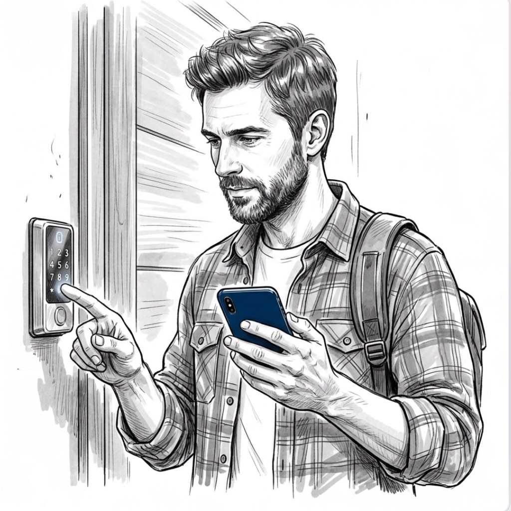 Daniel unlocking his door with a smart-lock keypad, phone in his other hand