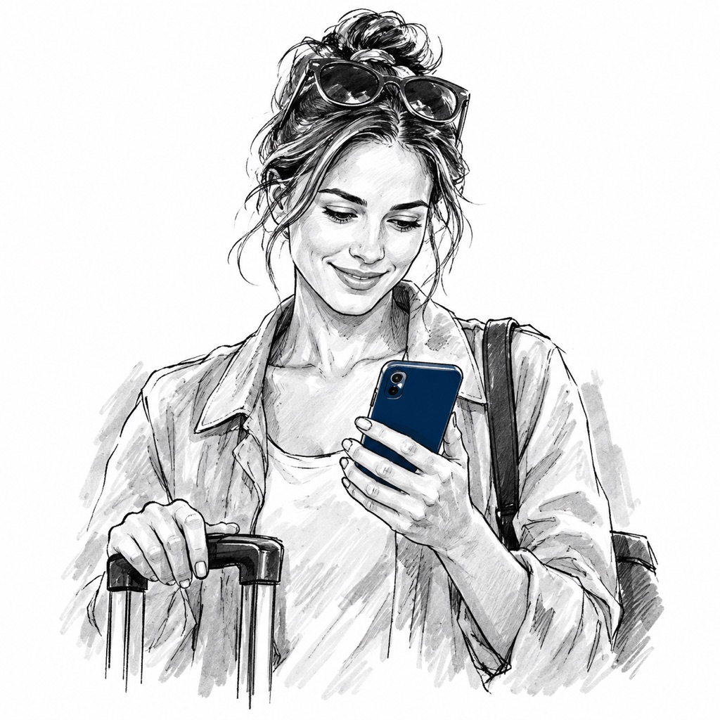 Maya pausing beside her suitcase to check her phone before heading in