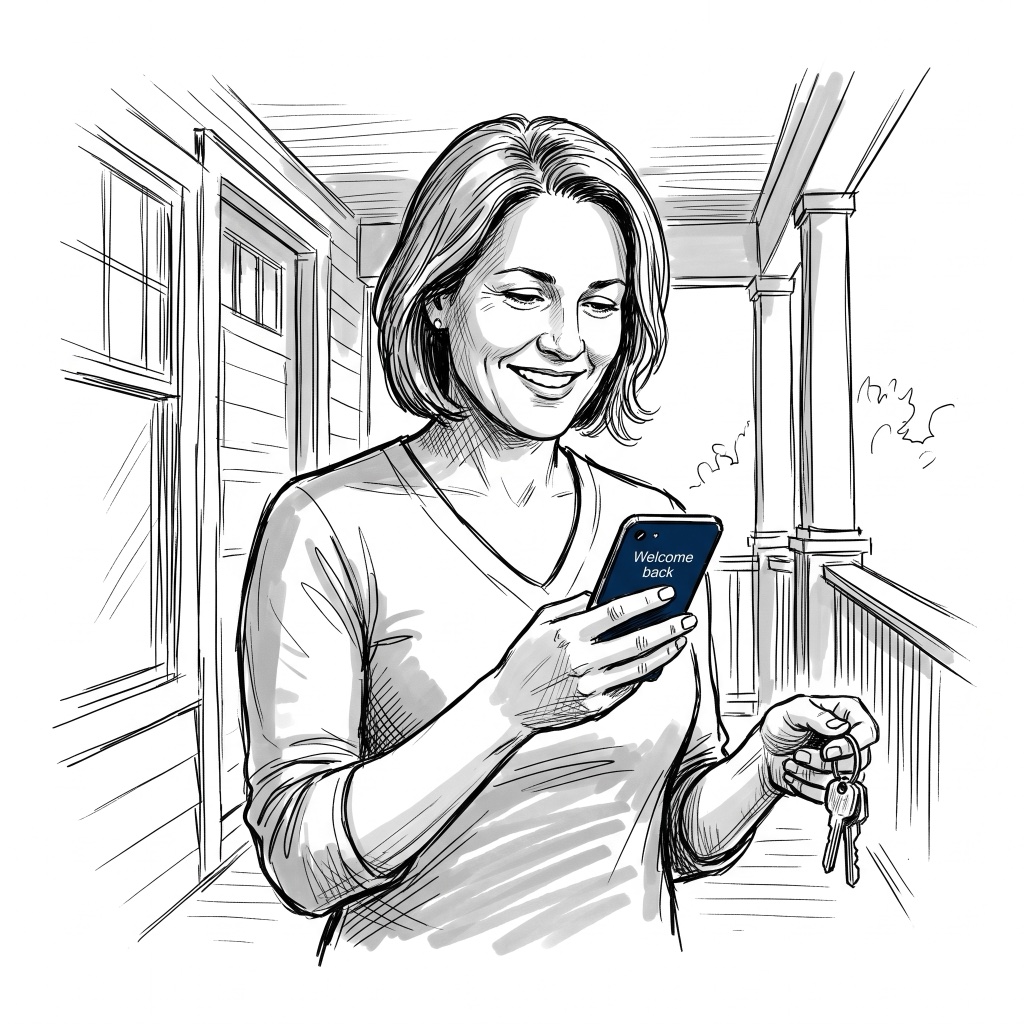 A woman smiling at a "Welcome back" message on her phone, keys already in her other hand, on a familiar porch