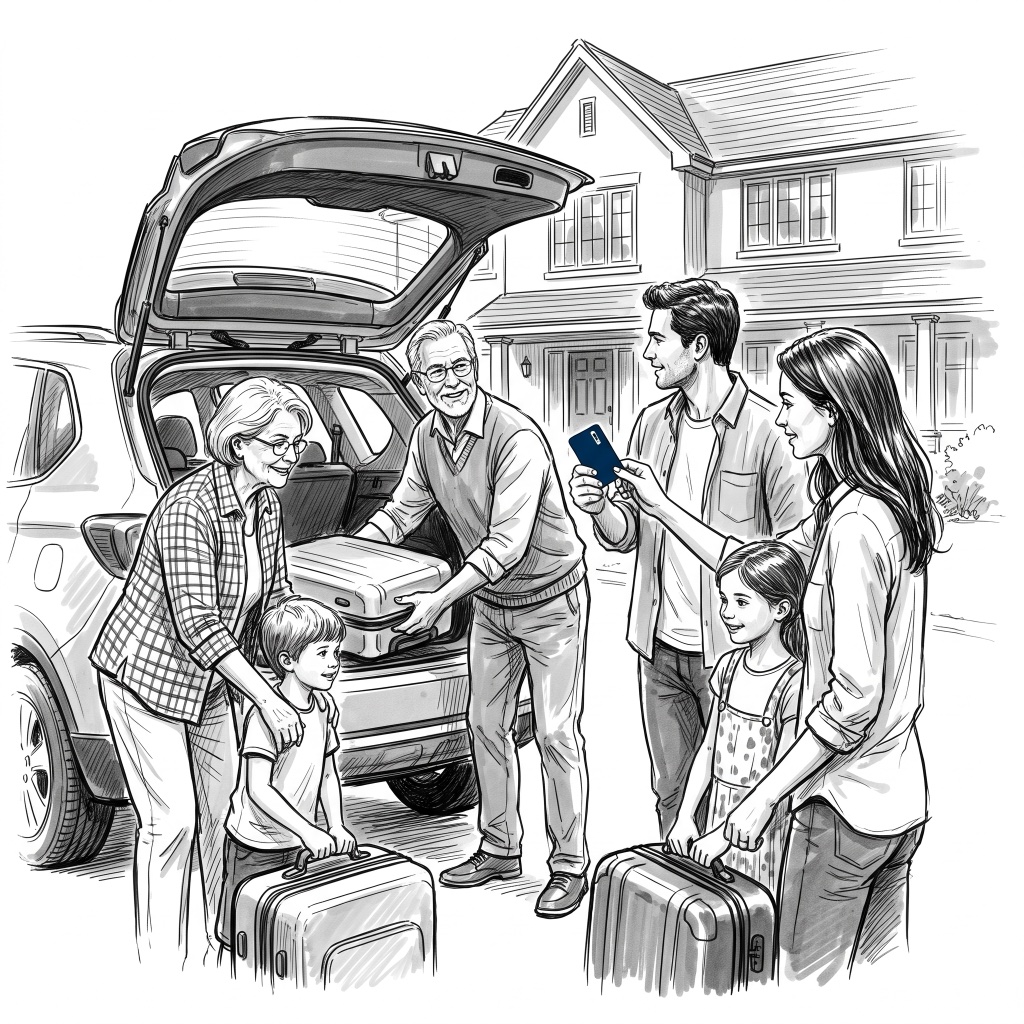 A multigenerational family unloading suitcases from a car in front of a large house, one holding up a keycard